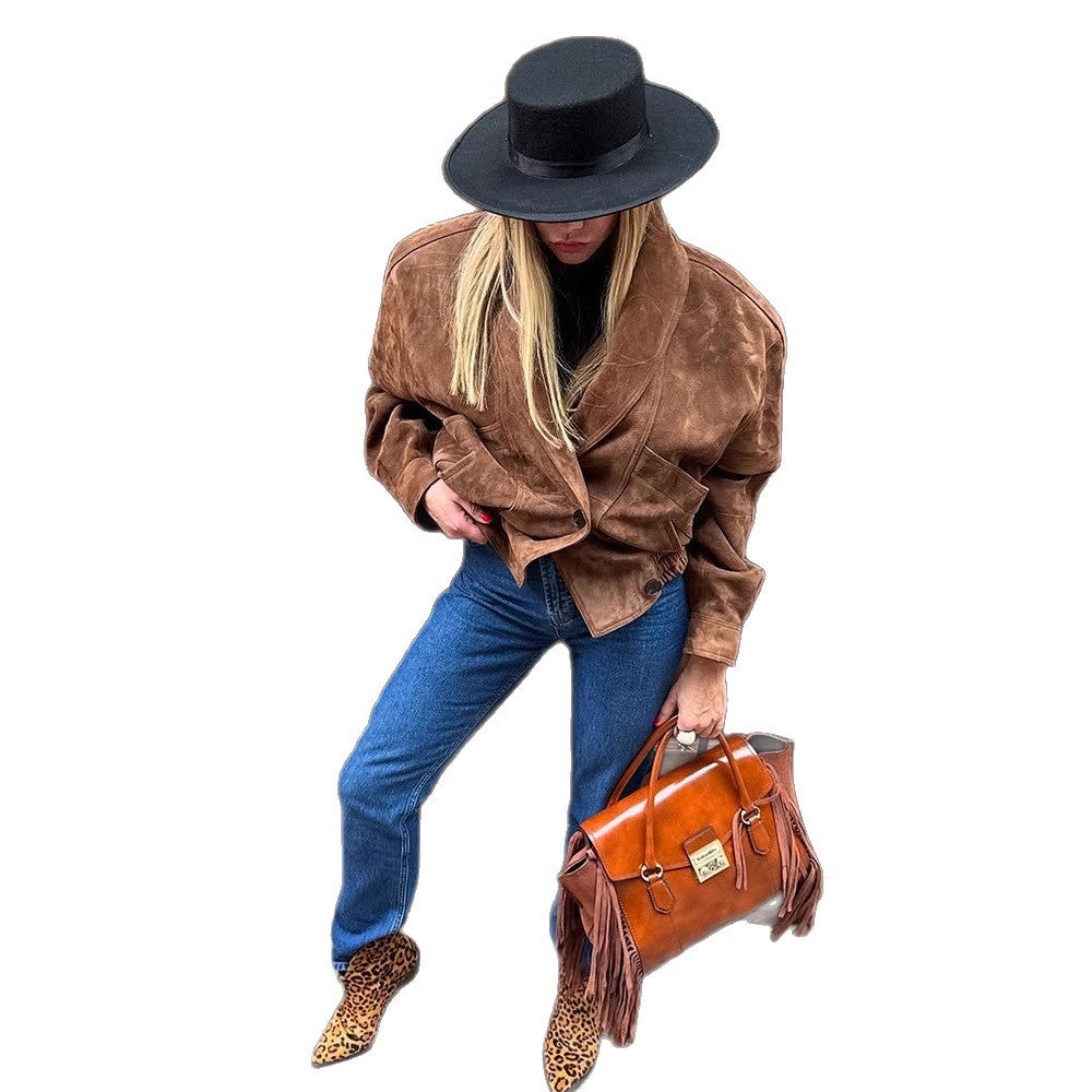 Damen Oversize Wildlederjacke mit modernem Schnitt und praktischen Taschen R&B