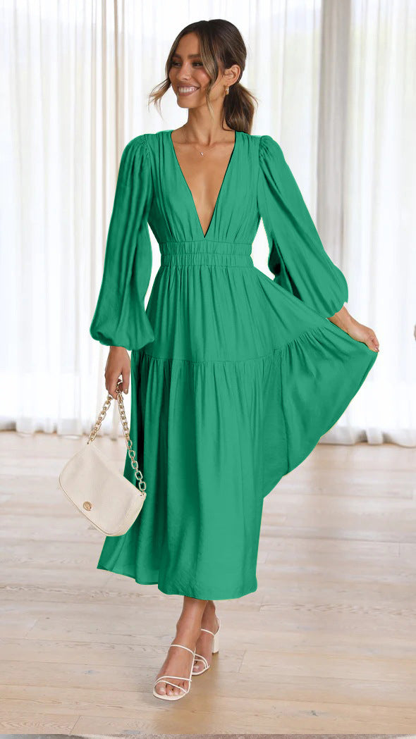 Damen Langarm Maxikleid mit tiefem V-Ausschnitt und weitem Rock R&B