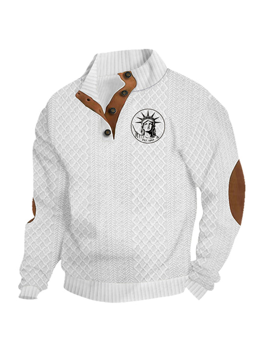 Herren nan Heritage-Strukturpullover mit Stehkragen Lederimitat-Besatz Ellenbogen-Patches und Halbknopfleiste R&B