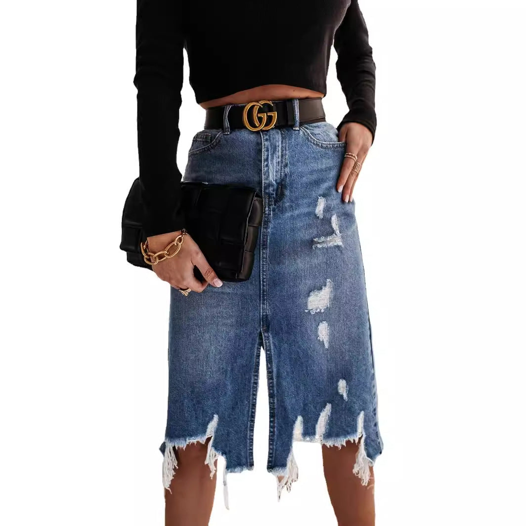 Damen Midirock im modernen Vintage-Design mit lässigem Used-Look und Fransenabschluss R&B