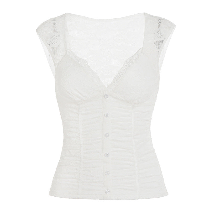 Damen Spitzen-Cropped-Top mit elegantem V-Ausschnitt und Rüschendetails R&B