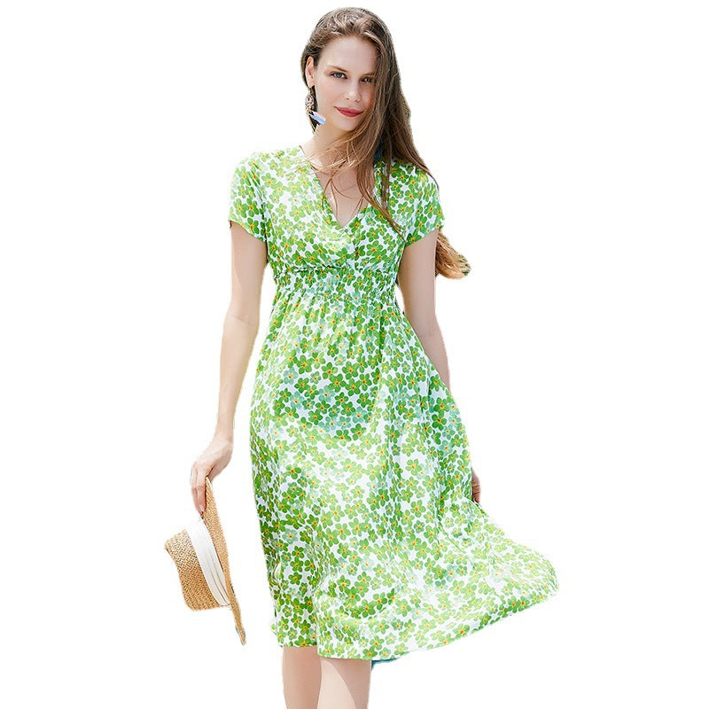 Damen Freizeit-Maxikleid mit V-Ausschnitt und elastischem Taillenband R&B