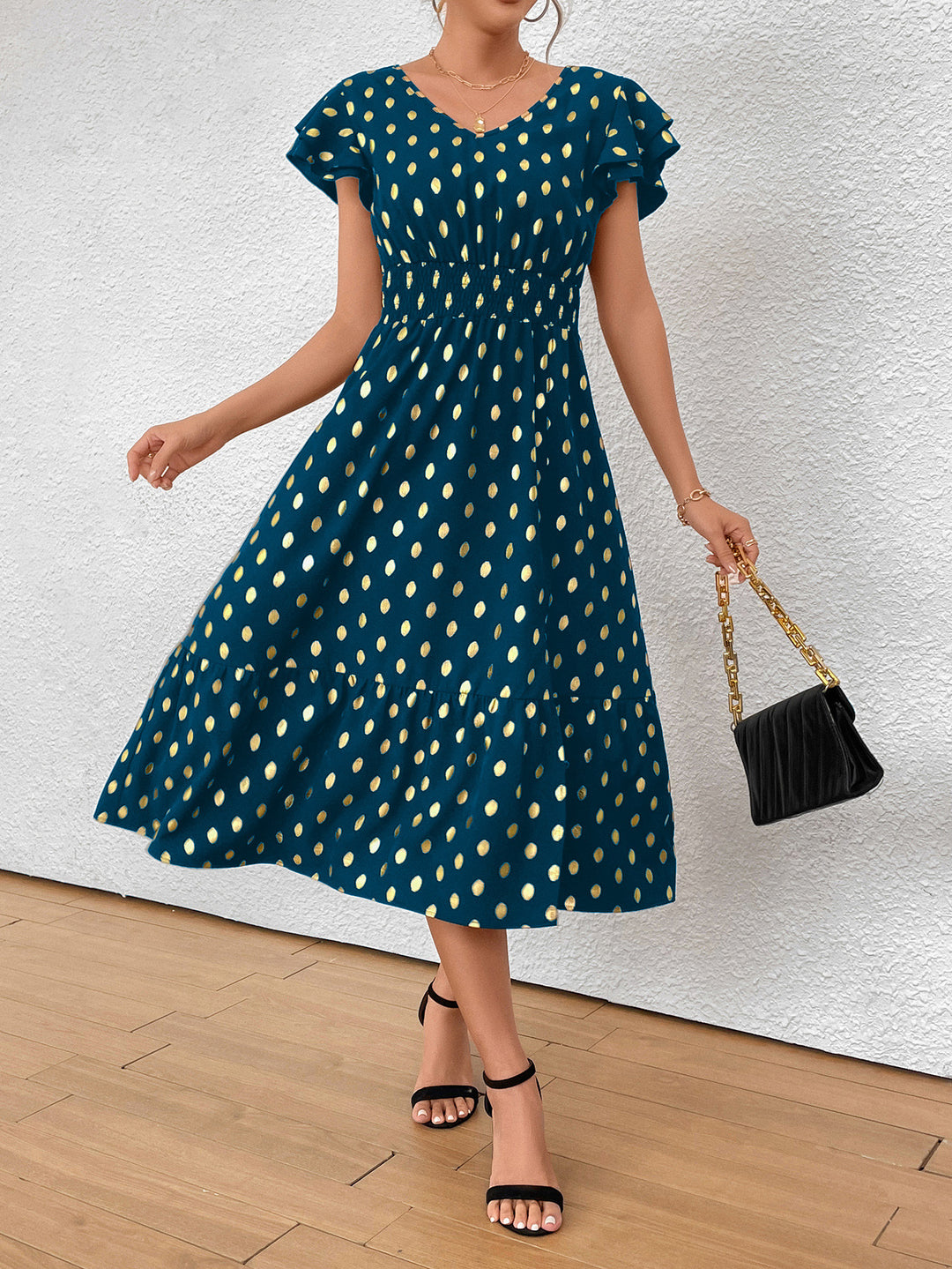 Damen Maxikleid mit Rüschendetails und schimmerndem Punktmuster R&B