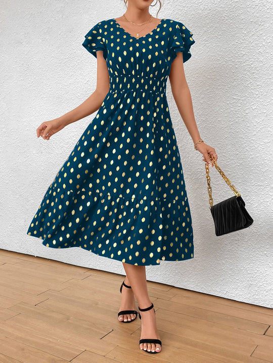Damen Maxikleid mit Rüschendetails und schimmerndem Punktmuster R&B