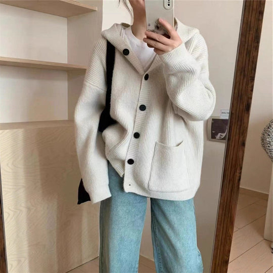 Damen kuschelige Strickjacke mit Kapuze und großen Taschen R&B