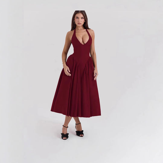 Damen nan figurschmeichelndes Neckholder-Bustier-Midikleid mit taillierter Miederform und weitem Tellerrock R&B