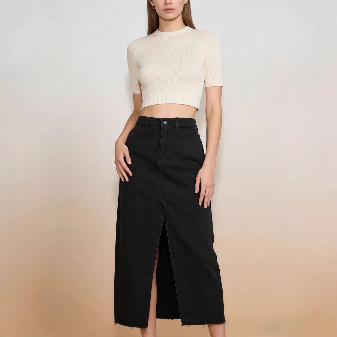 Damen Midi-Denim-Rock mit hohem Schlitz und fransigem Saum R&B