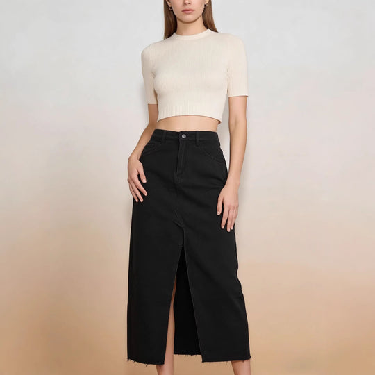 Damen Midi-Denim-Rock mit hohem Schlitz und fransigem Saum R&B