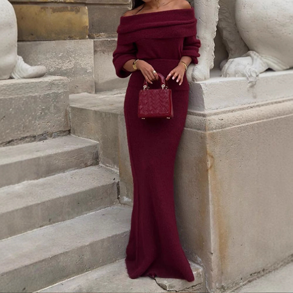 Damen Off-Shoulder Strickkleid mit weiten Ärmeln R&B