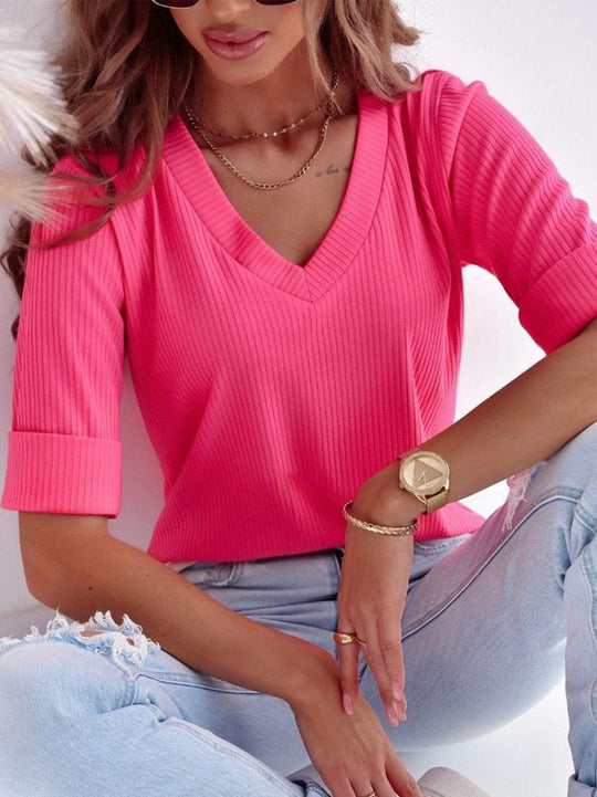 Damen V-Ausschnitt Kurzarmshirt aus geripptem Stoff R&B