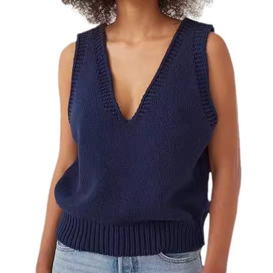 Damen lässiger Strickpullover ohne Ärmel mit tiefem V-Ausschnitt R&B