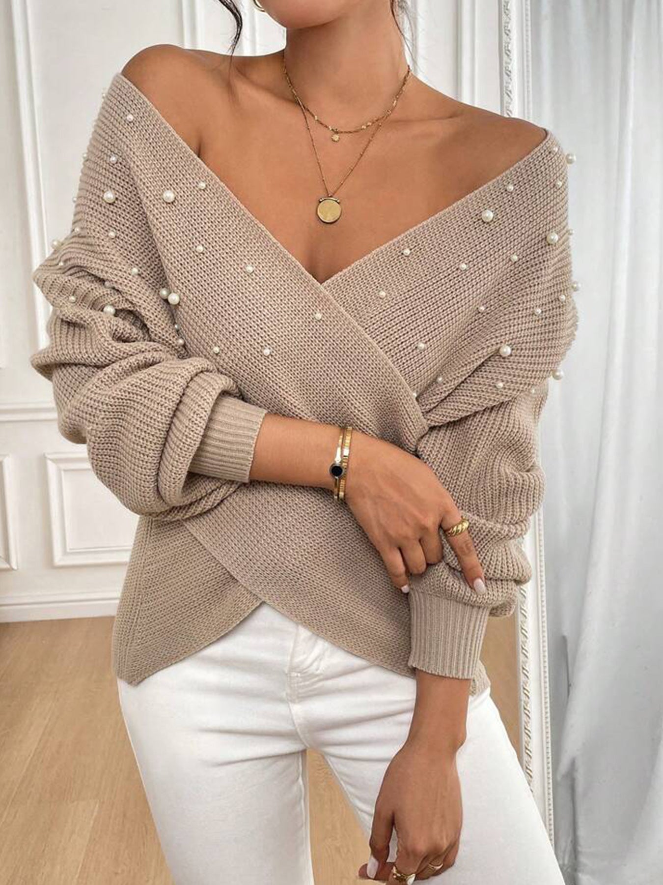 Damen offener Strickpullover mit Perlendetails R&B