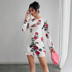 Damen nan figurbetontes Minikleid mit Rosenmuster und Trompetenärmeln R&B
