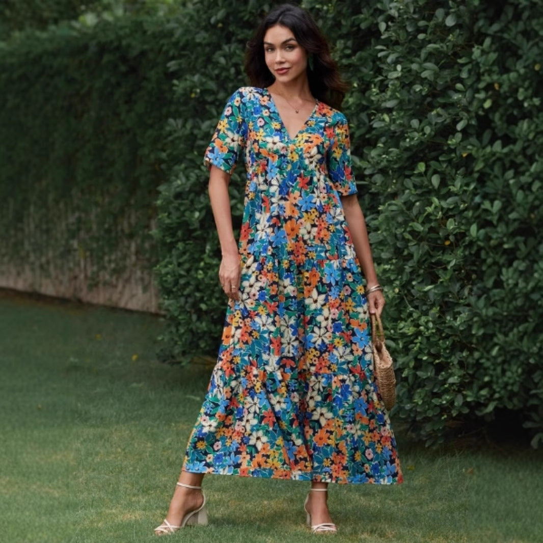 Damen Maxikleid mit voluminösen Rüschen und modischem V-Ausschnitt R&B