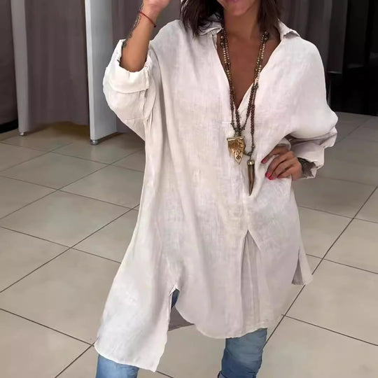 Damen Leichte und luftige Leinenbluse mit tiefem V-Ausschnitt R&B