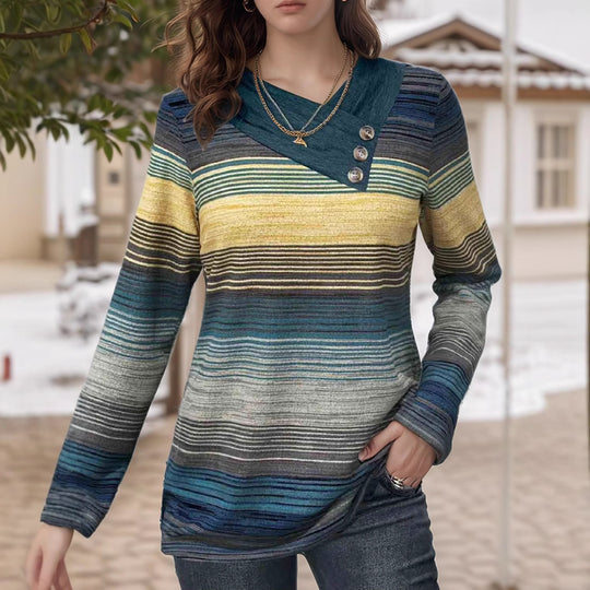 Damen elegantes Langarmshirt mit modernem Streifenmuster und Knopfdetails R&B