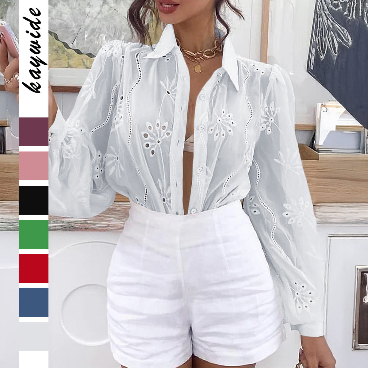 Damen Transparente Bluse mit Stickereien und Rüschendetails R&B