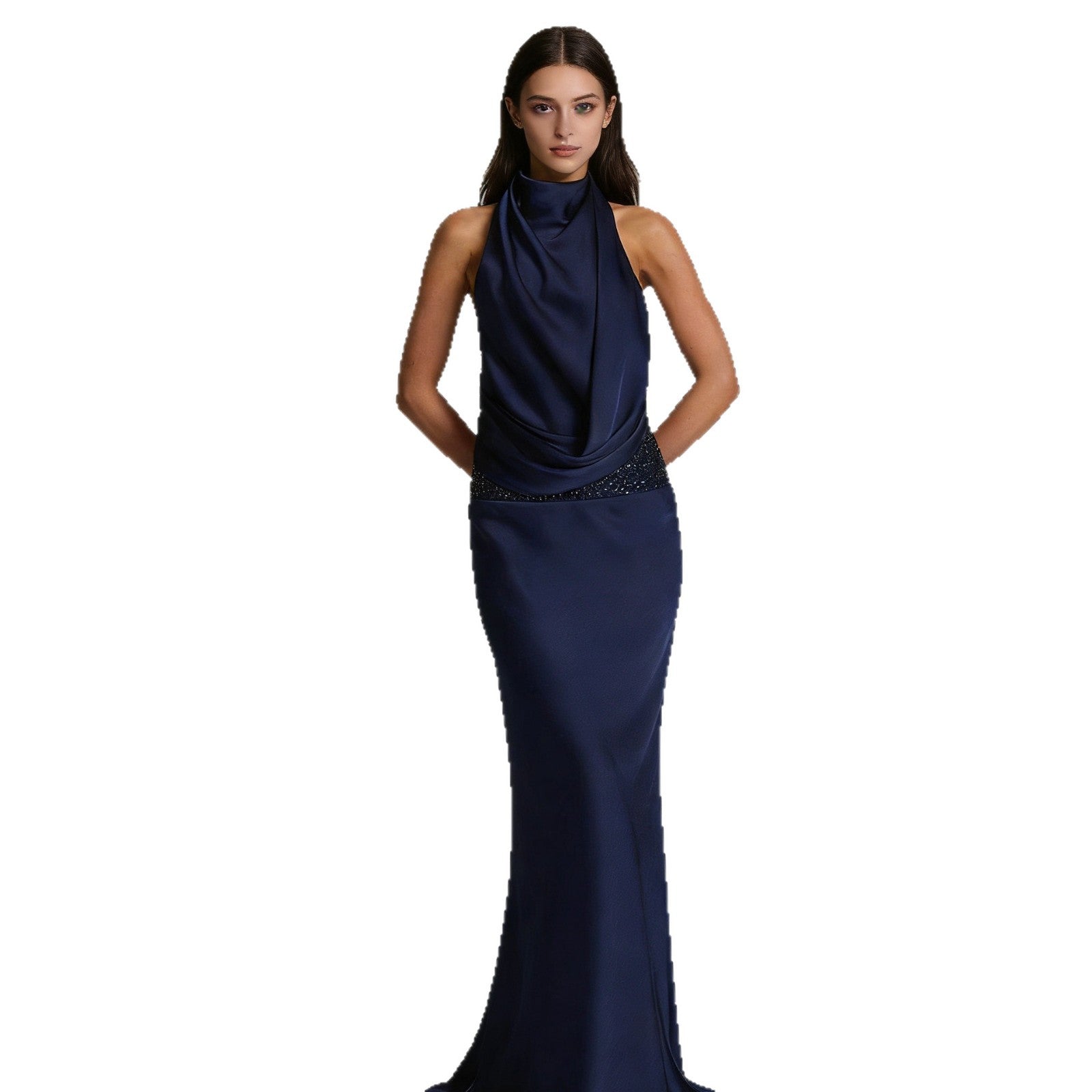 Damen Elegantes und fließendes Abendkleid mit hohem Kragen R&B
