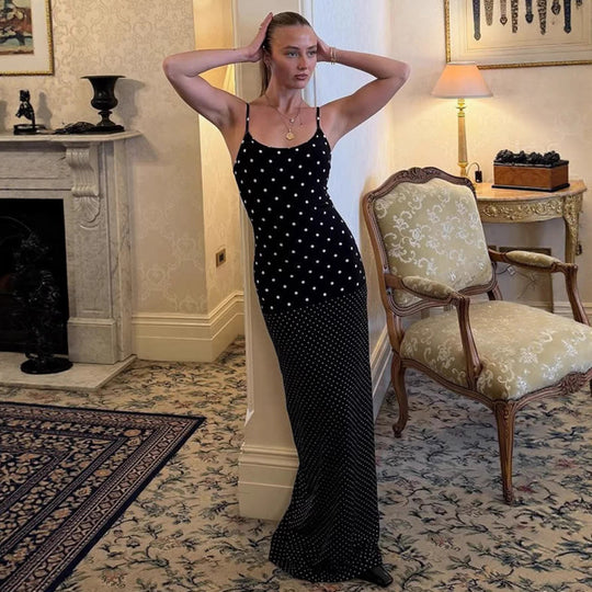 Damen Elegantes Polka-Dot Maxikleid mit verstellbaren Trägern und fließendem Schnitt R&B