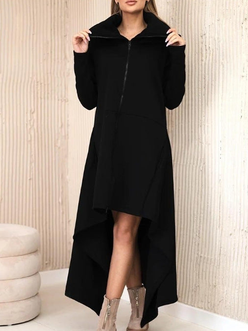 Damen nan asymmetrisches Sweatkleid mit hohem Stehkragen, durchgehendem Reißverschluss und verlängertem Rückensaum R&B