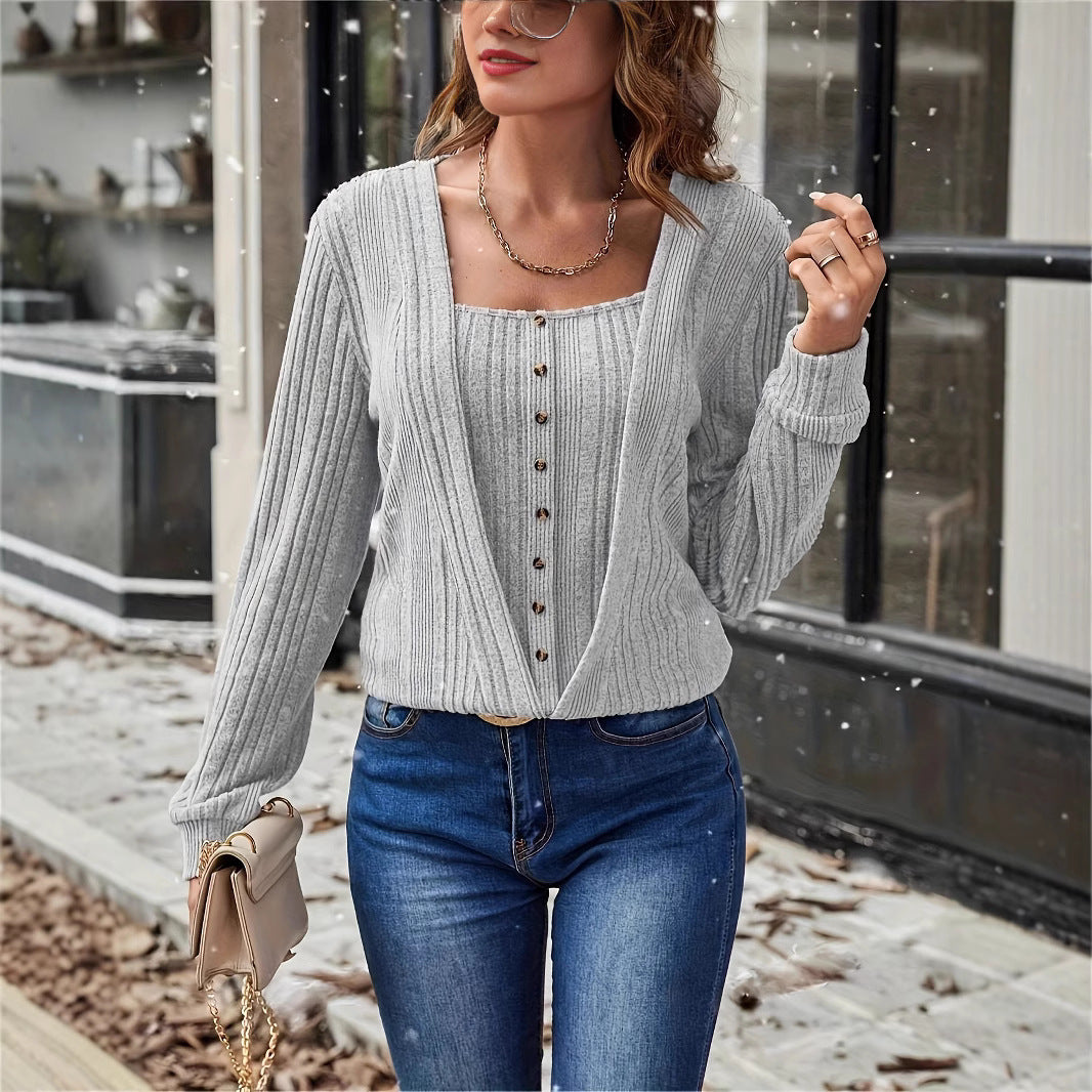 Damen Strickjacke mit tiefem V-Ausschnitt und praktischem Knopfdetail R&B