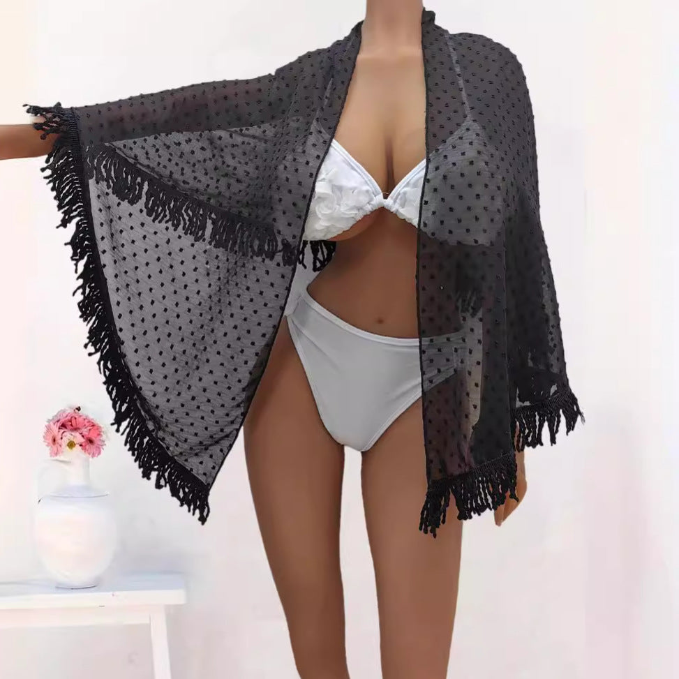Damen transparenter Strandüberwurf mit verspielten Fransen R&B