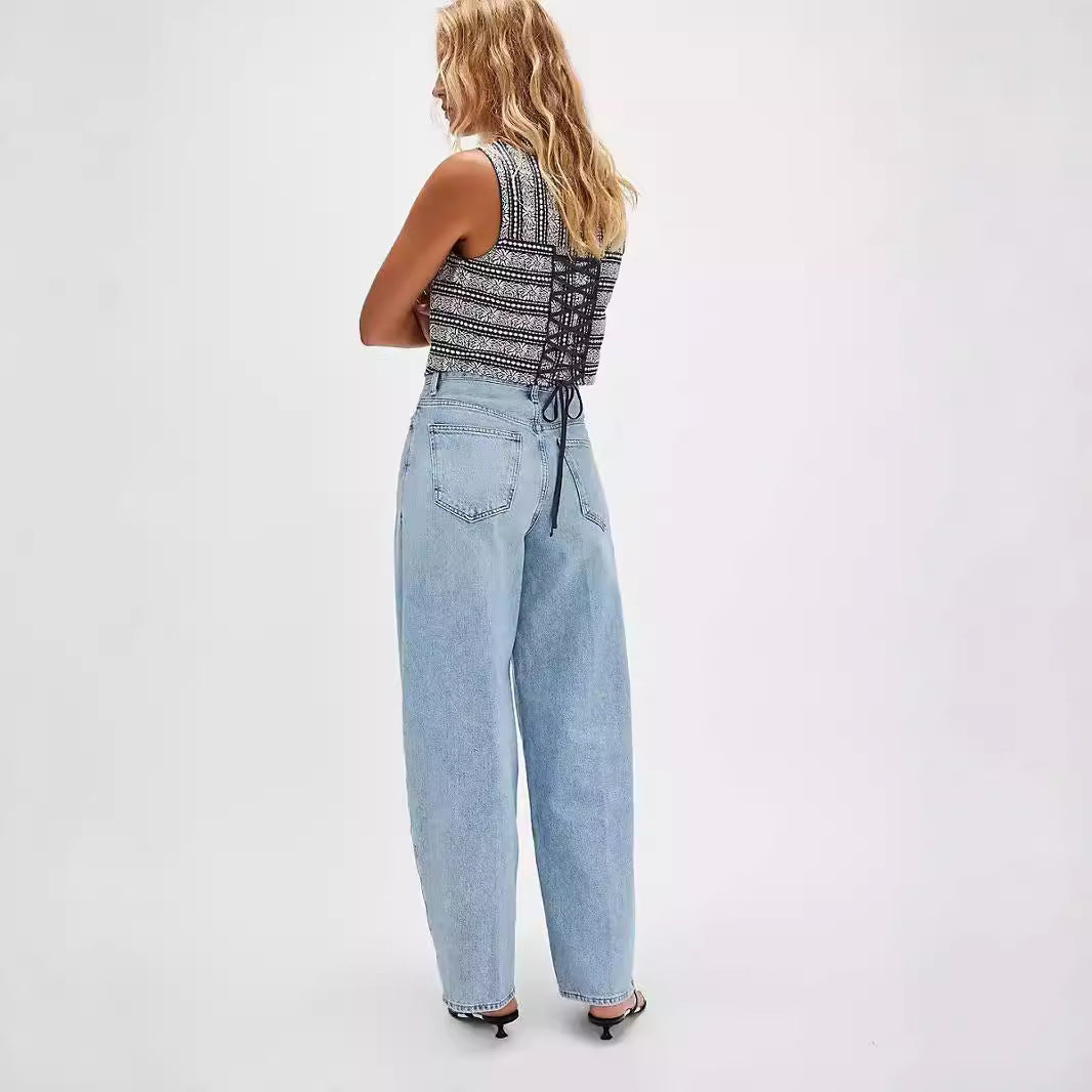 Damen Weite Denim-Hose mit hohem Bund und dekorativem Kordelzug R&B
