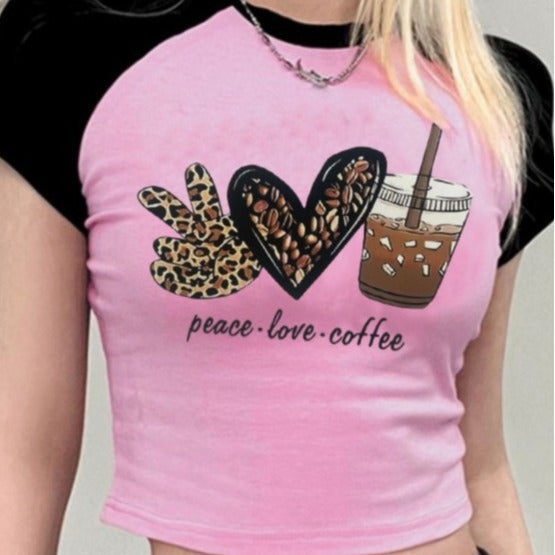 Damen Crop-T-Shirt mit kreativem Kaffee-Motiv und lässiger Passform R&B