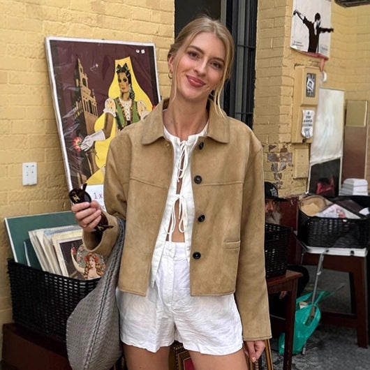 Damen Modische Wildlederjacke im lässigen Schnitt mit Knopfdetails R&B