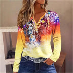 Damen Blütenmuster Langarmshirt mit Knopfleiste R&B