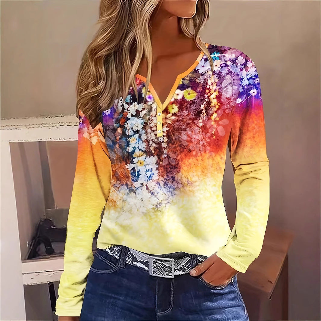 Damen Blütenmuster Langarmshirt mit Knopfleiste R&B