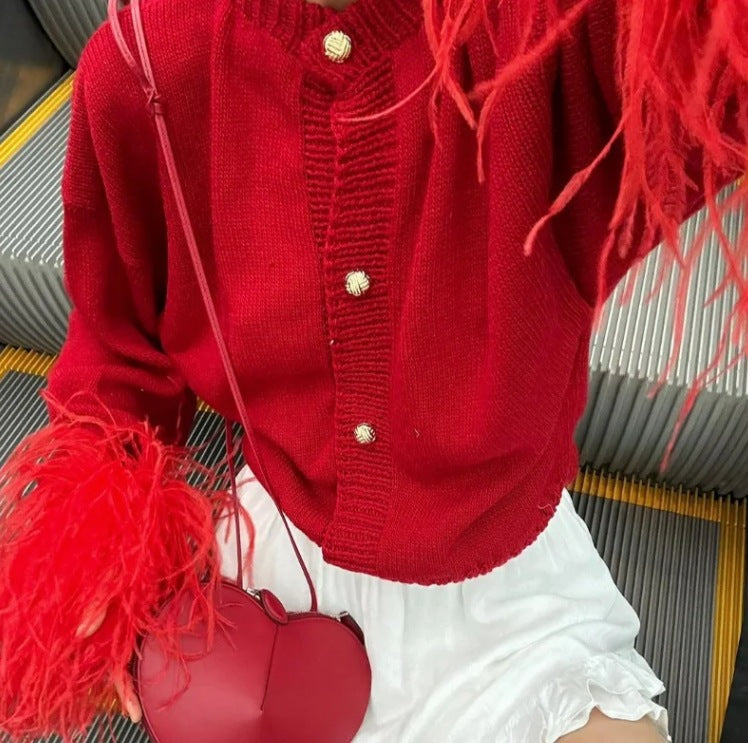 Damen lässige Strickjacke mit dekorativen Fransen und hochwertigen Knöpfen R&B