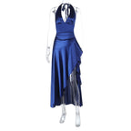 Damen asymmetrisches Satin-Maxikleid mit tiefem V-Ausschnitt R&B