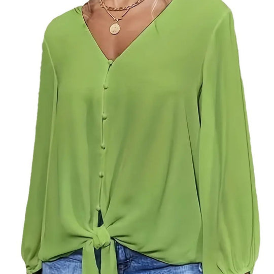 Damen elegante Bluse mit Knoten-Detail und V-Ausschnitt R&B