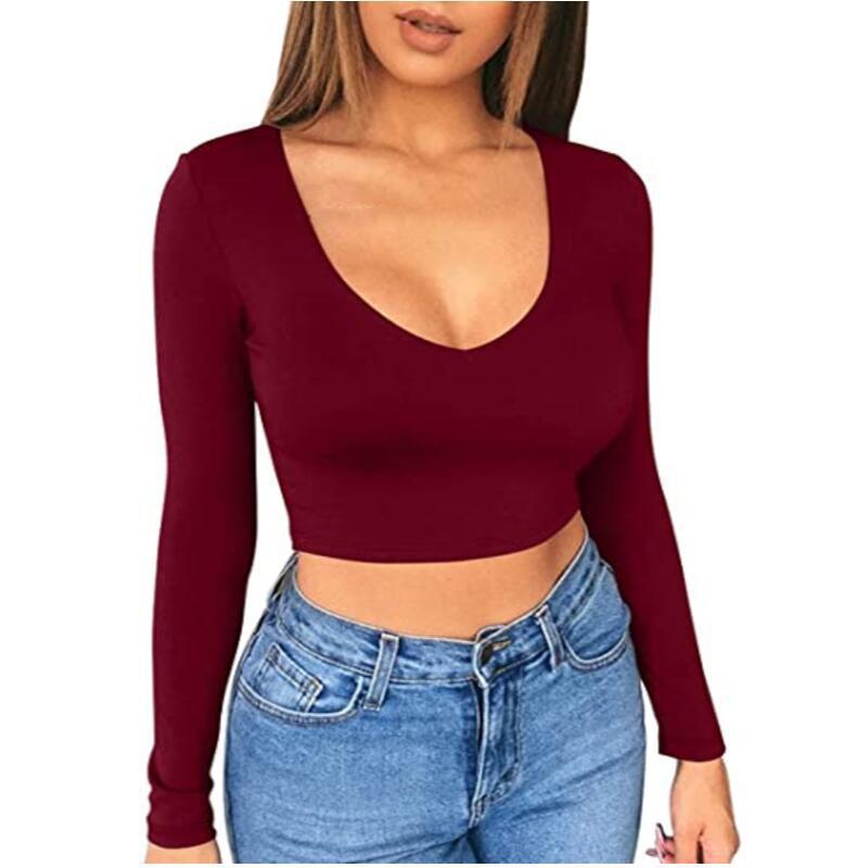 Damen modisches Crop-Top mit tiefem V-Ausschnitt und langen Ärmeln R&B