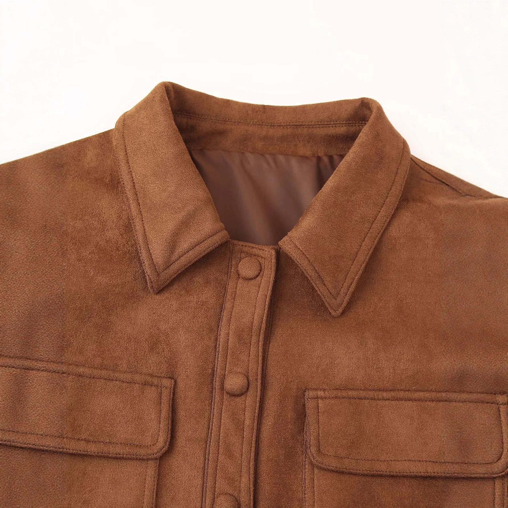 Damen modische Kurzjacke aus Wildlederimitat mit praktischen Taschen und elegantem Kragen R&B