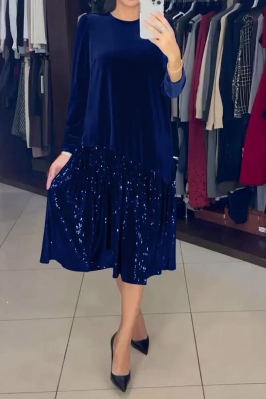 Damen nan Samt-Midikleid mit plissiertem Paillettenrock, lockerem A-Linien-Schnitt und Rundhalsausschnitt R&B