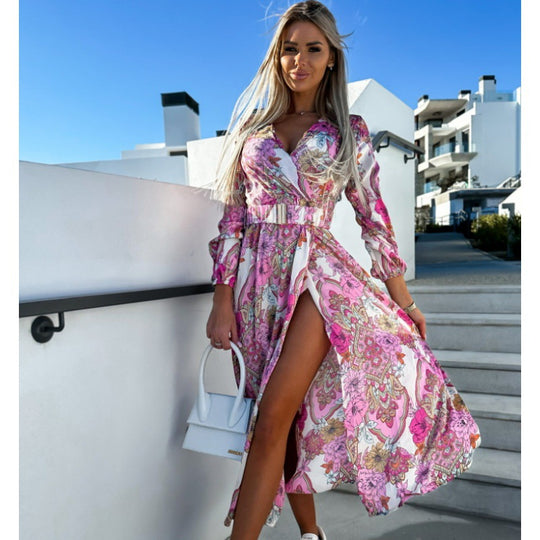 Damen Maxi-Kleid mit tiefem Schlitz und floralem Muster R&B