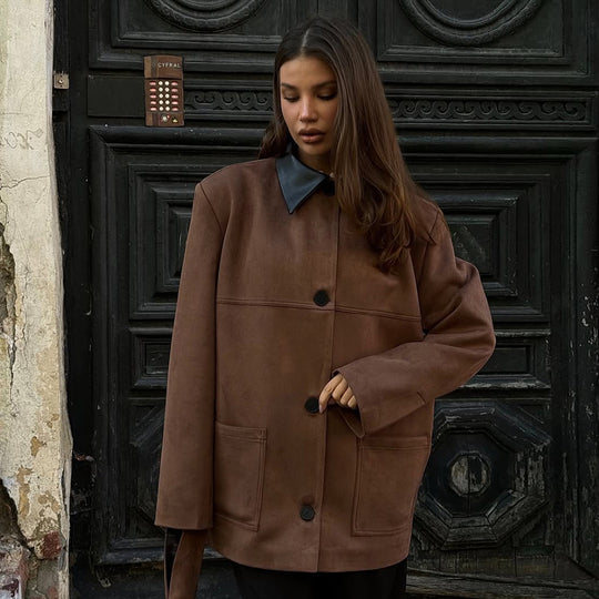Damen oversized Kunstlederjacke mit schickem Kragen R&B