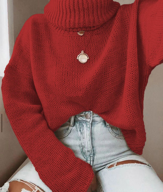 Damen Strickpullover mit hohem Kragen und lässigem Schnitt R&B