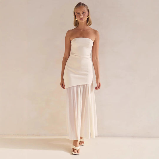 Damen Elegantes Bandeau-Maxi-Kleid mit fließendem Chiffon-Rock und figurbetontem Oberteil R&B