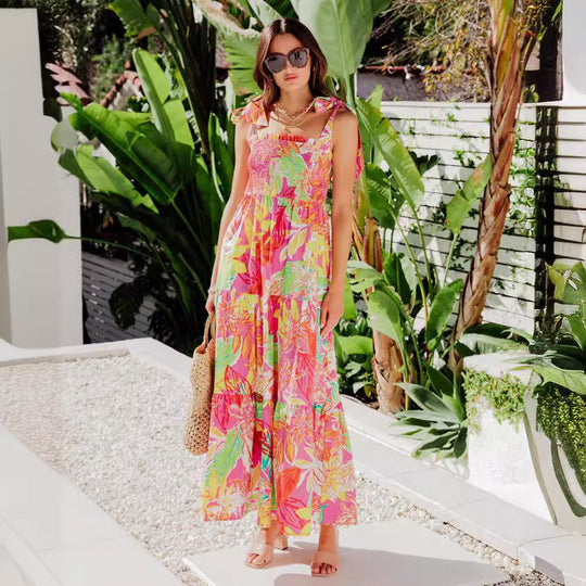 Damen Maxi-Kleid mit floralen Mustern und Trägerdetails R&B