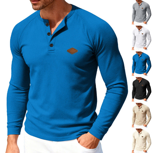 Herren nan Waffelstrick-Henley Langarmshirt mit Raglanärmeln, Halbknopfleiste und Lederlabel R&B