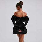 Damen Offshoulder-Kleid mit luxuriöser Futterverzierung und schwingendem Rock R&B