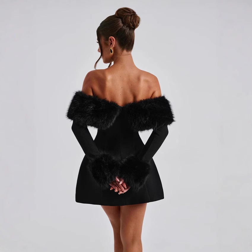 Damen Offshoulder-Kleid mit luxuriöser Futterverzierung und schwingendem Rock R&B