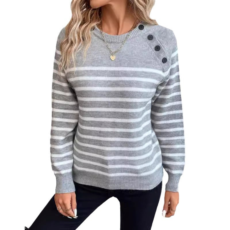 Damen gestreifter Pullover mit dekorativen Knopfdetails und Rundhalsausschnitt R&B