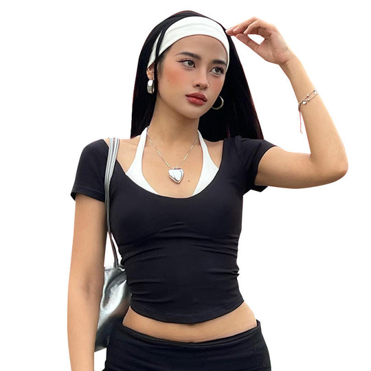 Damen cropped T-Shirt mit Schulterakzenten und figurbetontem Schnitt R&B