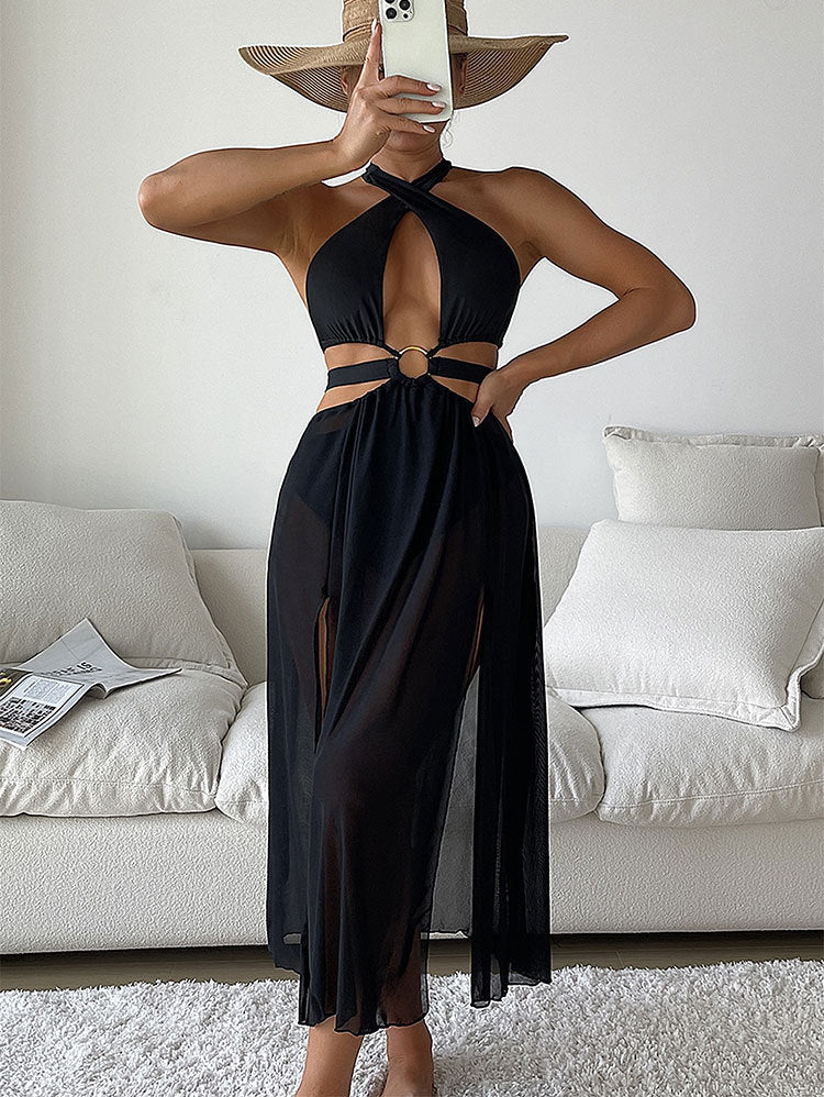 Damen Strandkleid mit tiefem V-Ausschnitt und elegantem Ringdetail R&B
