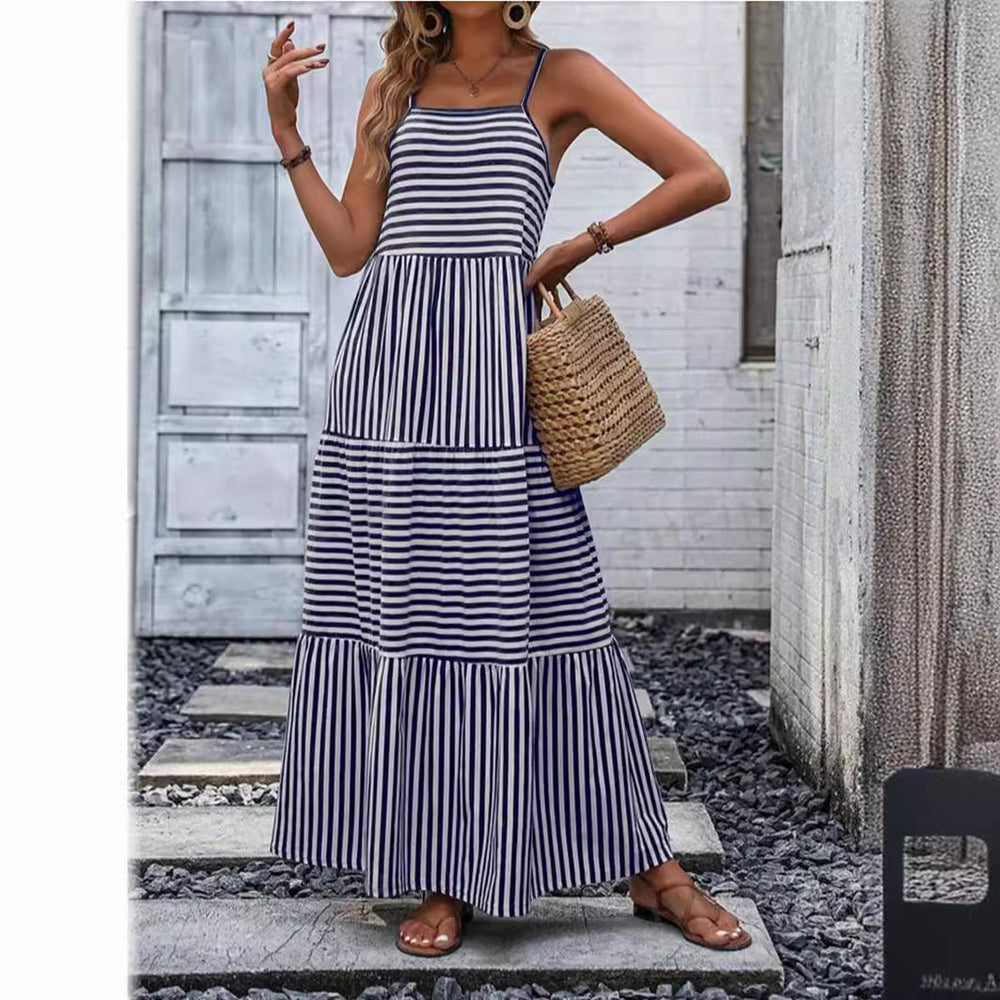 Damen Maxikleid mit schmalen Trägern und gestreiftem Design R&B