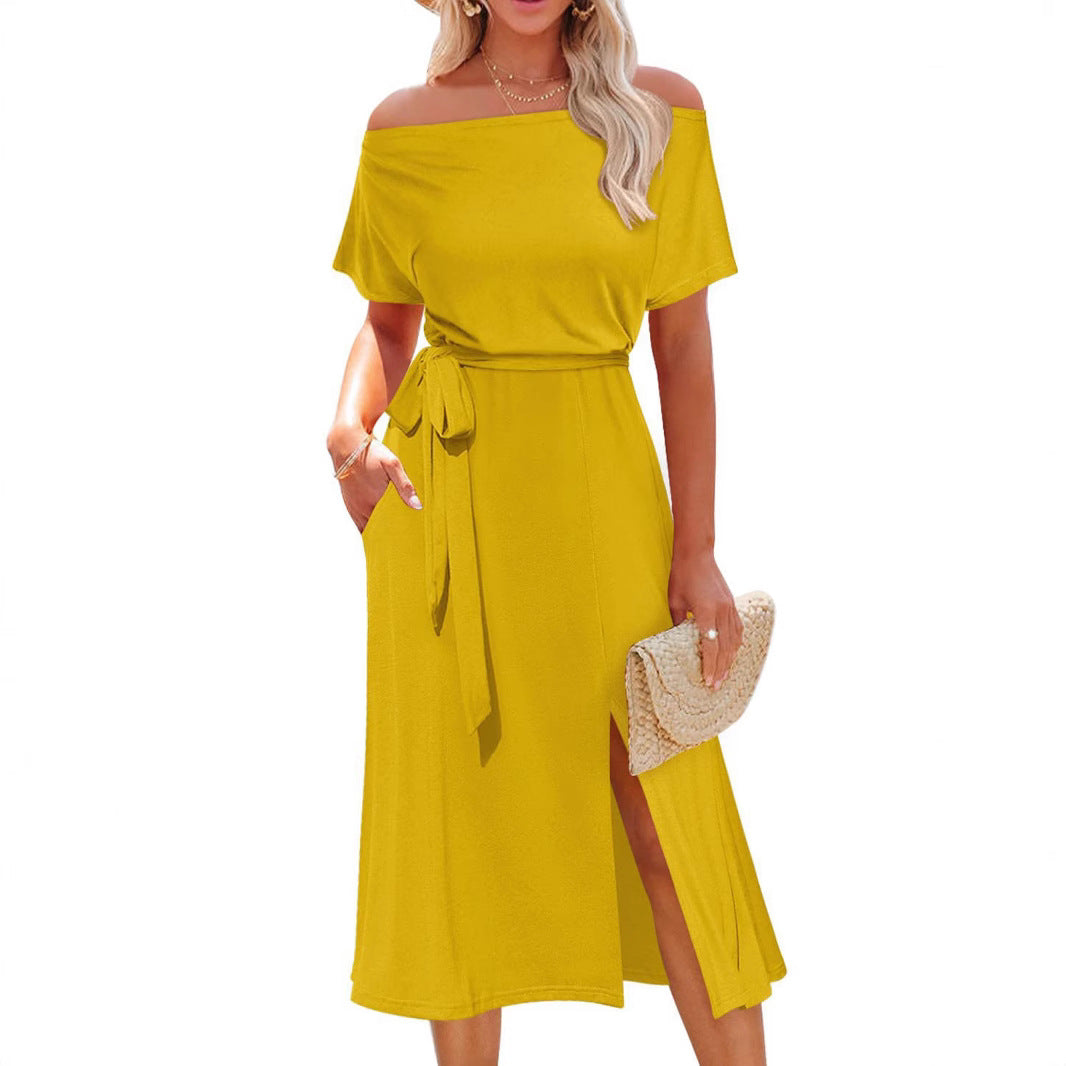 Damen Off-Shoulder Maxikleid mit Taillengürtel und seitlichem Schlitz R&B